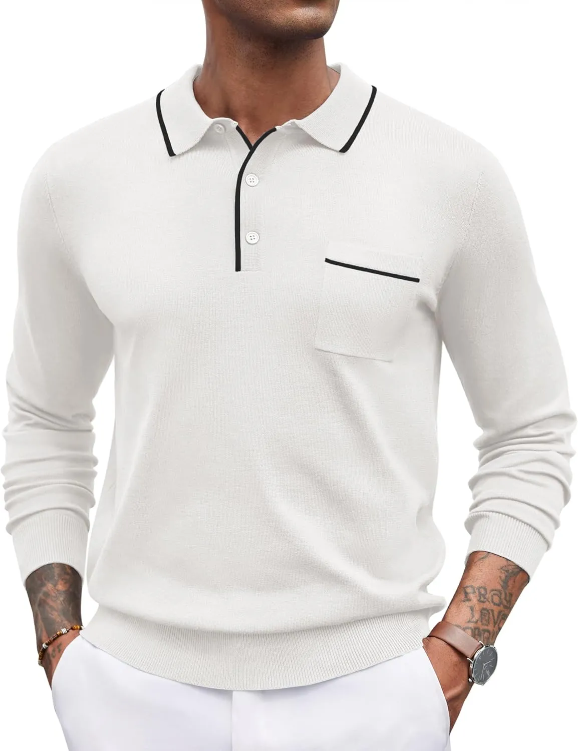 COOFANDY Mens Knit Polo Long Sleeve Collared Sweater Polo Business Casual Polos with Pocket
