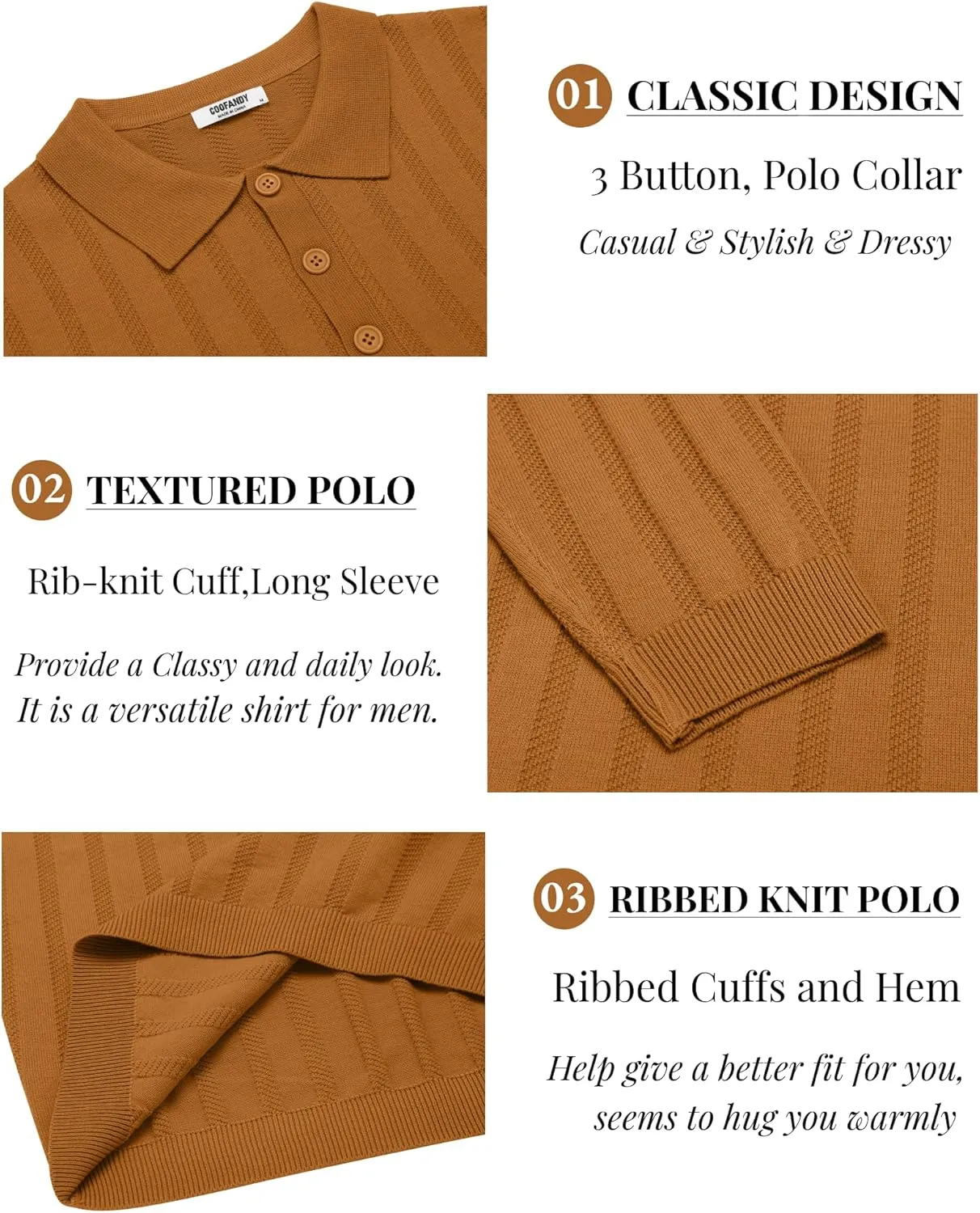COOFANDY Men's Knit Polo Shirt Casual Long Sleeve Polo Sweater Dress Collar Polo Classic Golf Shirts