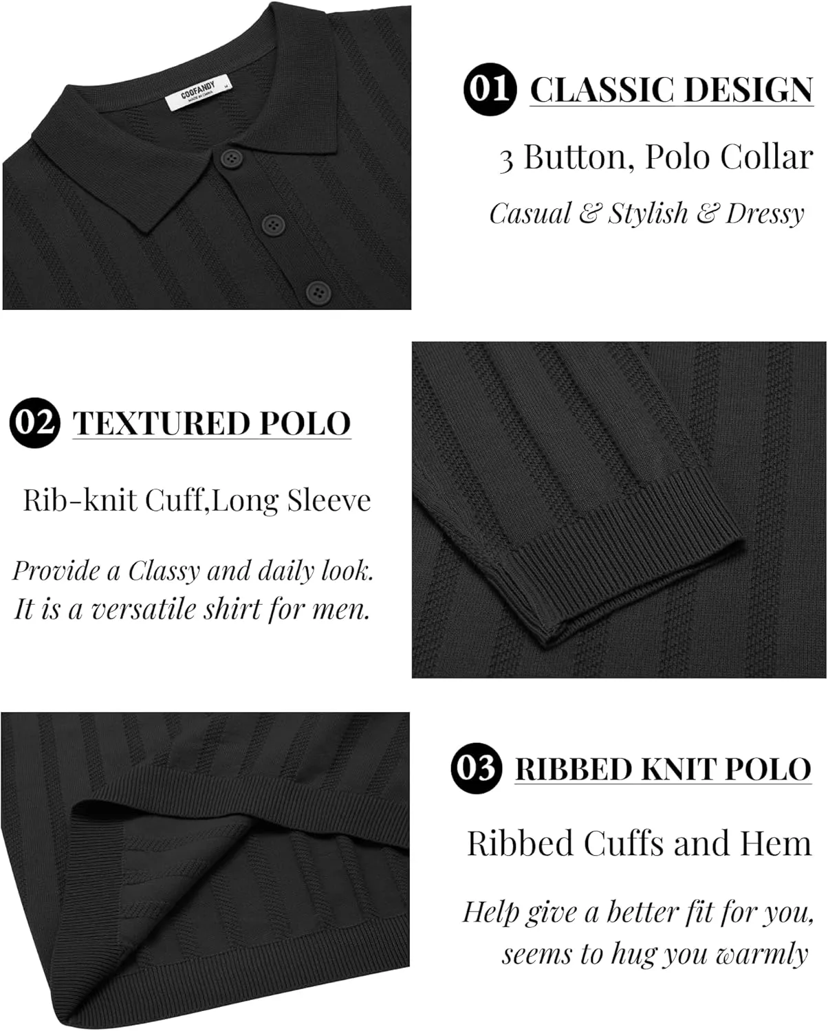 COOFANDY Men's Knit Polo Shirt Casual Long Sleeve Polo Sweater Dress Collar Polo Classic Golf Shirts