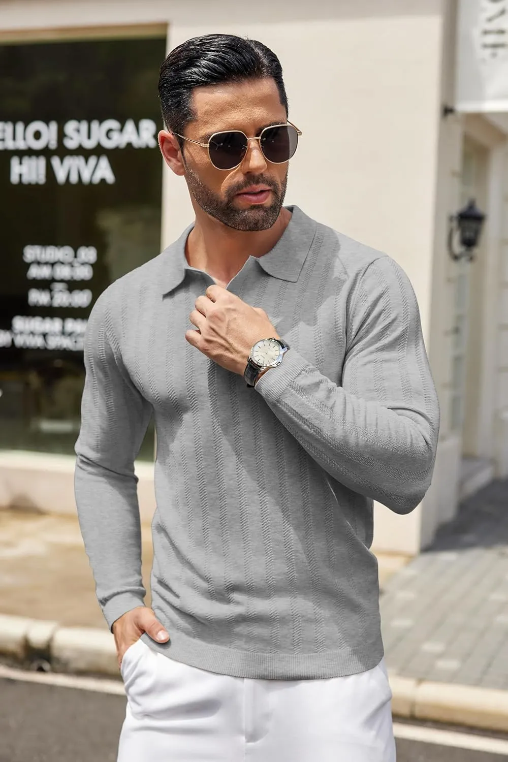 COOFANDY Men's Knit Polo Shirt Casual Long Sleeve Polo Sweater Dress Collar Polo Classic Golf Shirts