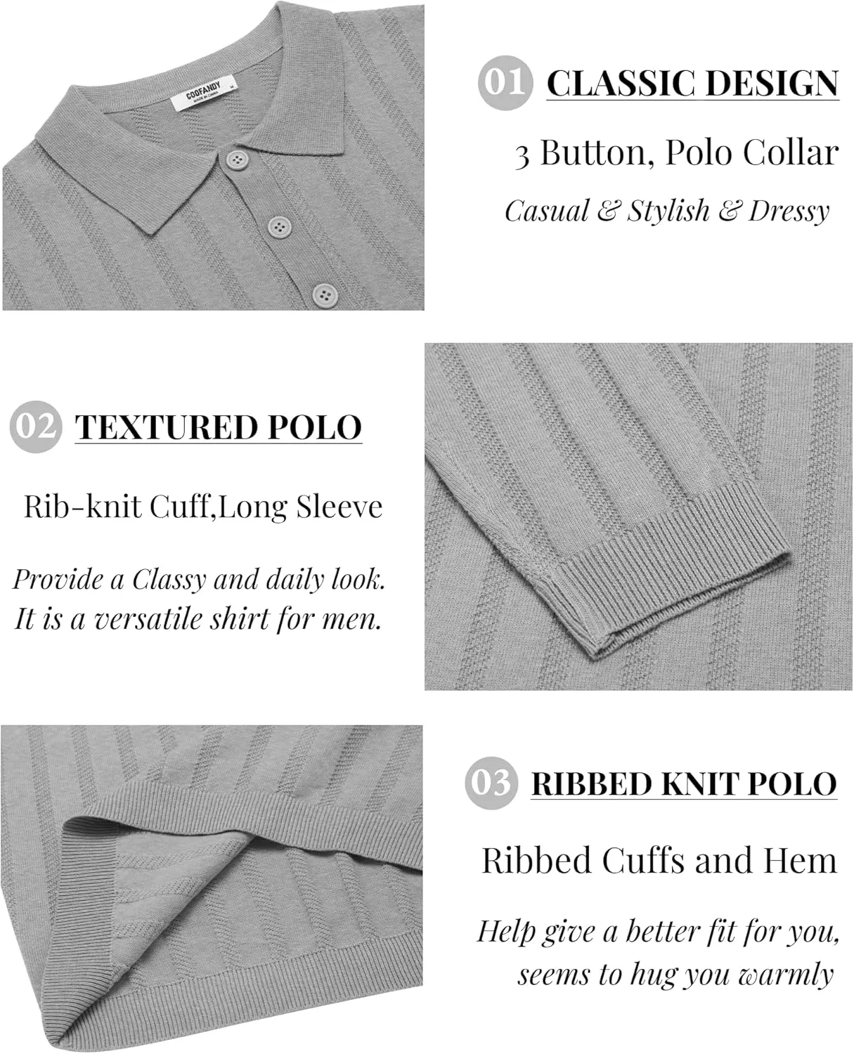 COOFANDY Men's Knit Polo Shirt Casual Long Sleeve Polo Sweater Dress Collar Polo Classic Golf Shirts