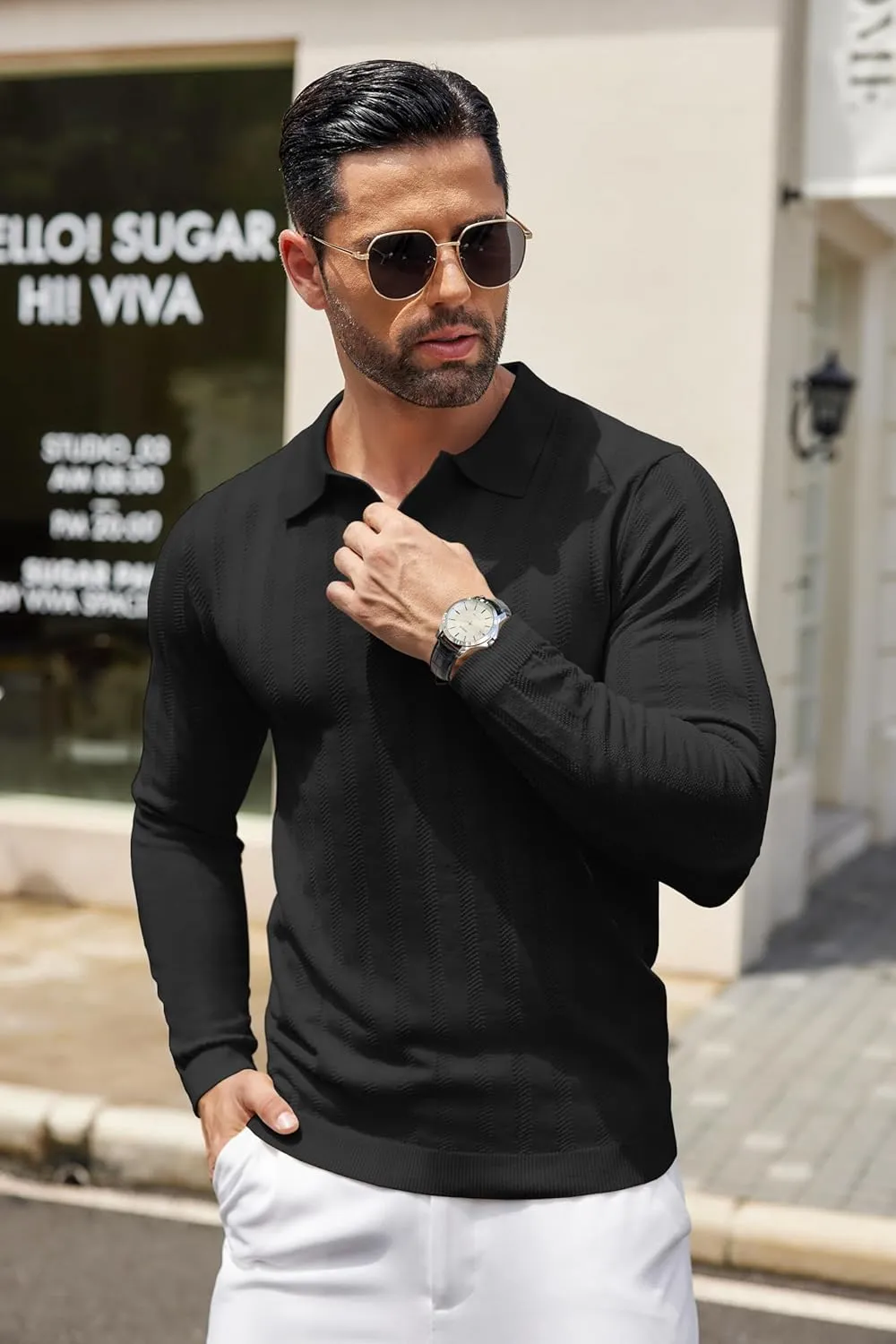 COOFANDY Men's Knit Polo Shirt Casual Long Sleeve Polo Sweater Dress Collar Polo Classic Golf Shirts
