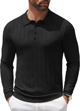 COOFANDY Men's Knit Polo Shirt Casual Long Sleeve Polo Sweater Dress Collar Polo Classic Golf Shirts
