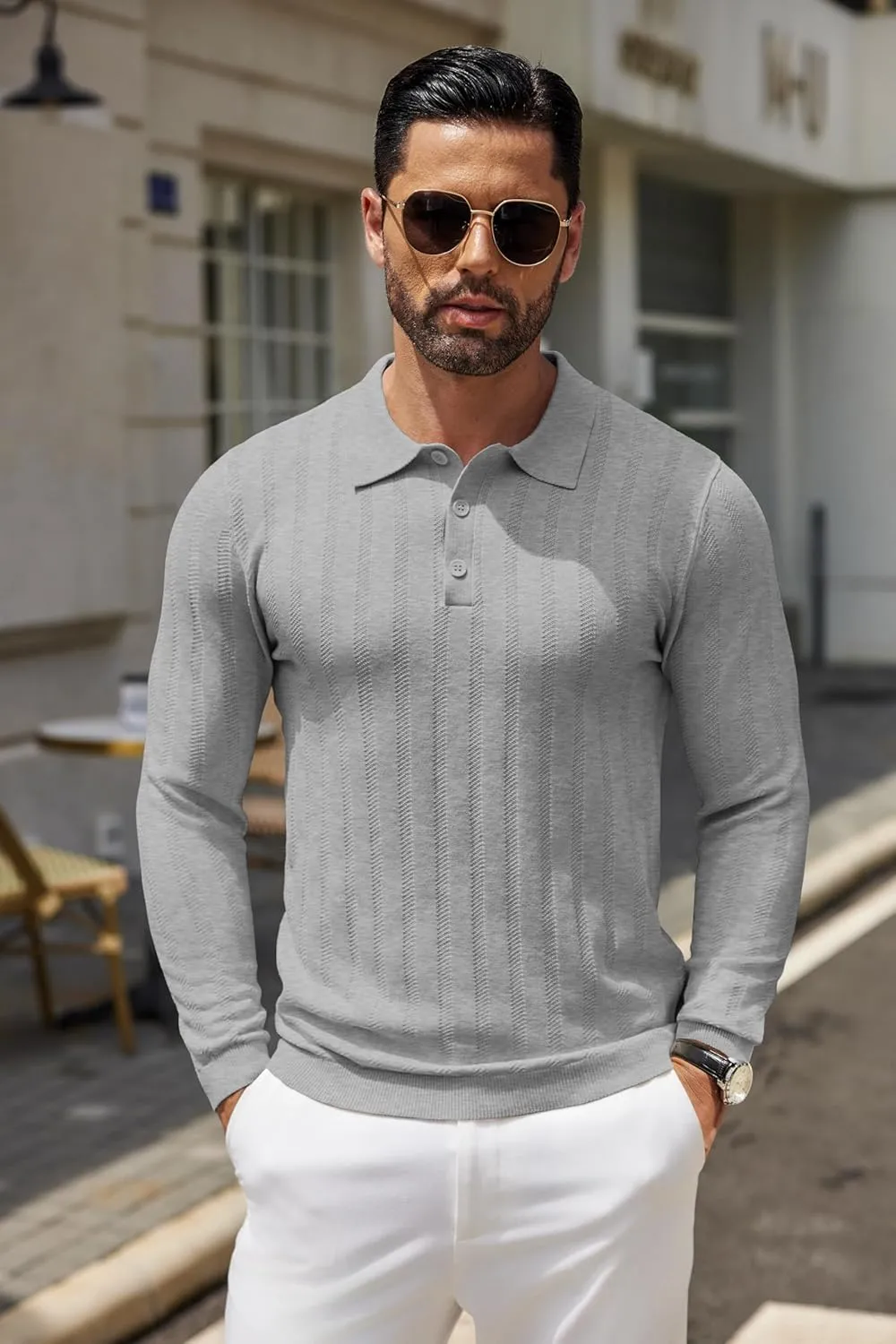 COOFANDY Men's Knit Polo Shirt Casual Long Sleeve Polo Sweater Dress Collar Polo Classic Golf Shirts
