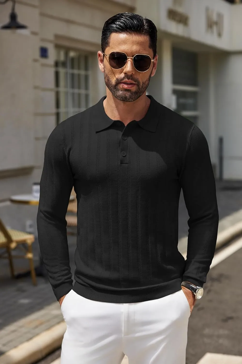 COOFANDY Men's Knit Polo Shirt Casual Long Sleeve Polo Sweater Dress Collar Polo Classic Golf Shirts