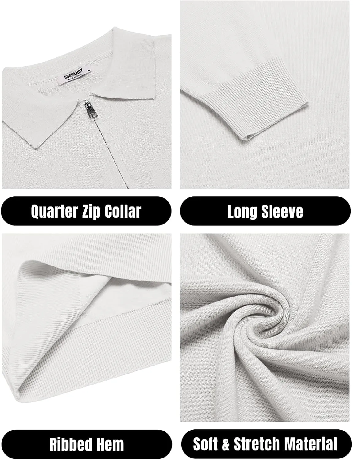 COOFANDY Mens Knit Polo Shirts Casual Long Sleeve Quarter Zip Polo Sweater Classic Golf Shirts