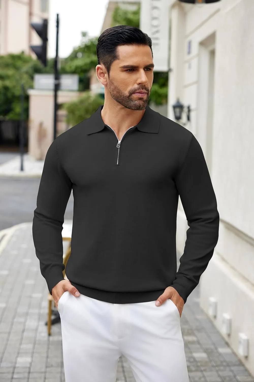 COOFANDY Mens Knit Polo Shirts Casual Long Sleeve Quarter Zip Polo Sweater Classic Golf Shirts