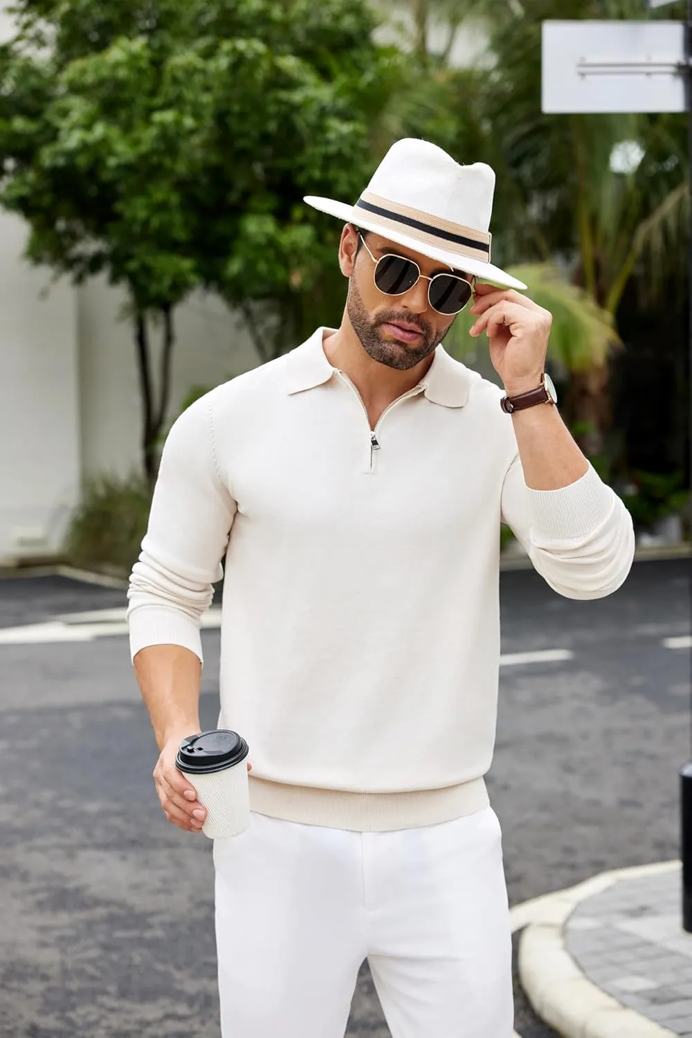 COOFANDY Mens Knit Polo Shirts Casual Long Sleeve Quarter Zip Polo Sweater Classic Golf Shirts