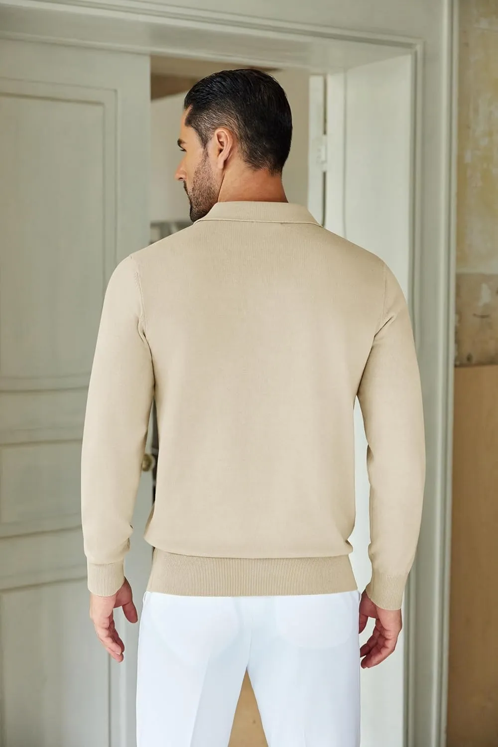 COOFANDY Mens Knit Polo Shirts Casual Long Sleeve Quarter Zip Polo Sweater Classic Golf Shirts