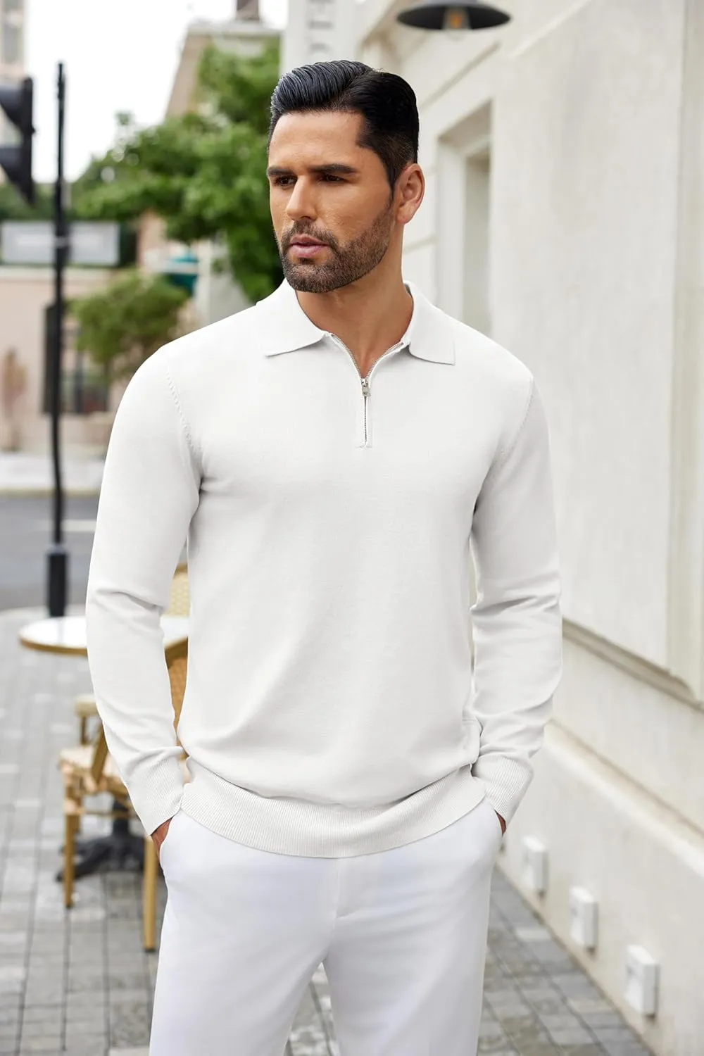 COOFANDY Mens Knit Polo Shirts Casual Long Sleeve Quarter Zip Polo Sweater Classic Golf Shirts