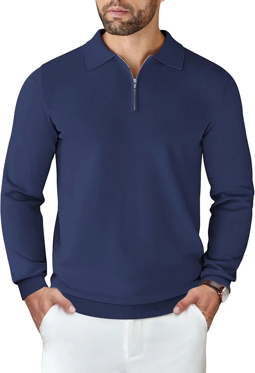 COOFANDY Mens Knit Polo Shirts Casual Long Sleeve Quarter Zip Polo Sweater Classic Golf Shirts