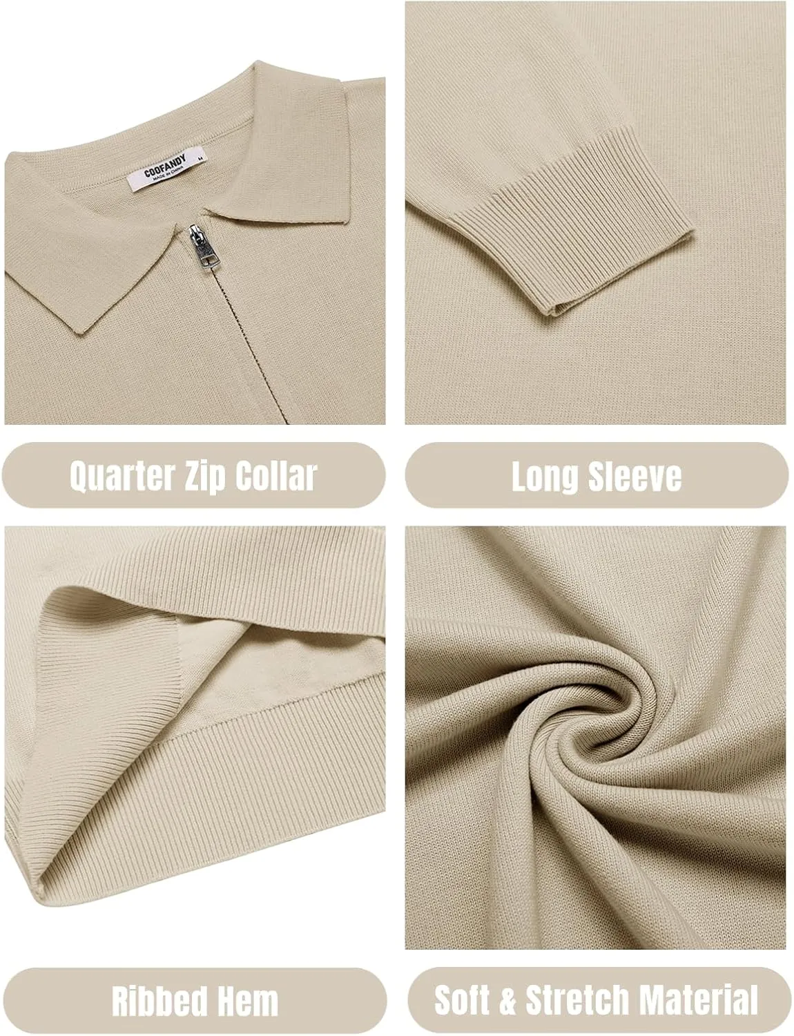 COOFANDY Mens Knit Polo Shirts Casual Long Sleeve Quarter Zip Polo Sweater Classic Golf Shirts