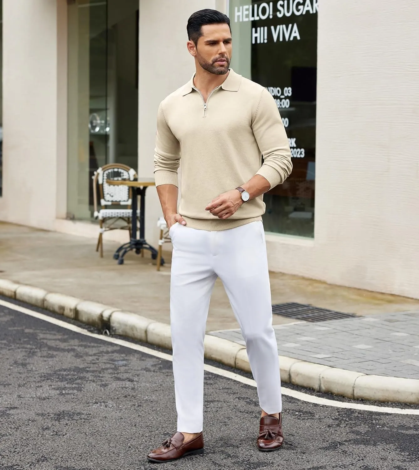 COOFANDY Mens Knit Polo Shirts Casual Long Sleeve Quarter Zip Polo Sweater Classic Golf Shirts