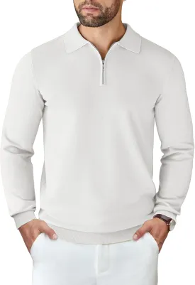 COOFANDY Mens Knit Polo Shirts Casual Long Sleeve Quarter Zip Polo Sweater Classic Golf Shirts