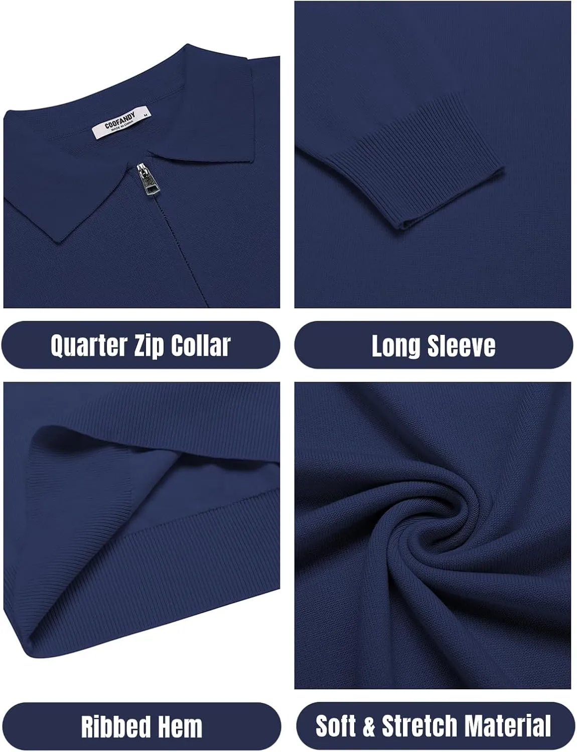 COOFANDY Mens Knit Polo Shirts Casual Long Sleeve Quarter Zip Polo Sweater Classic Golf Shirts
