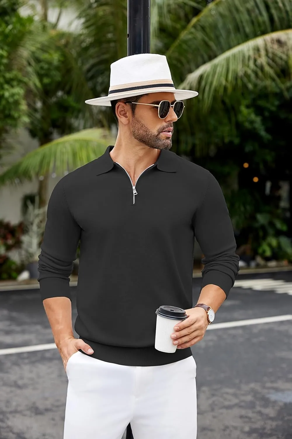 COOFANDY Mens Knit Polo Shirts Casual Long Sleeve Quarter Zip Polo Sweater Classic Golf Shirts