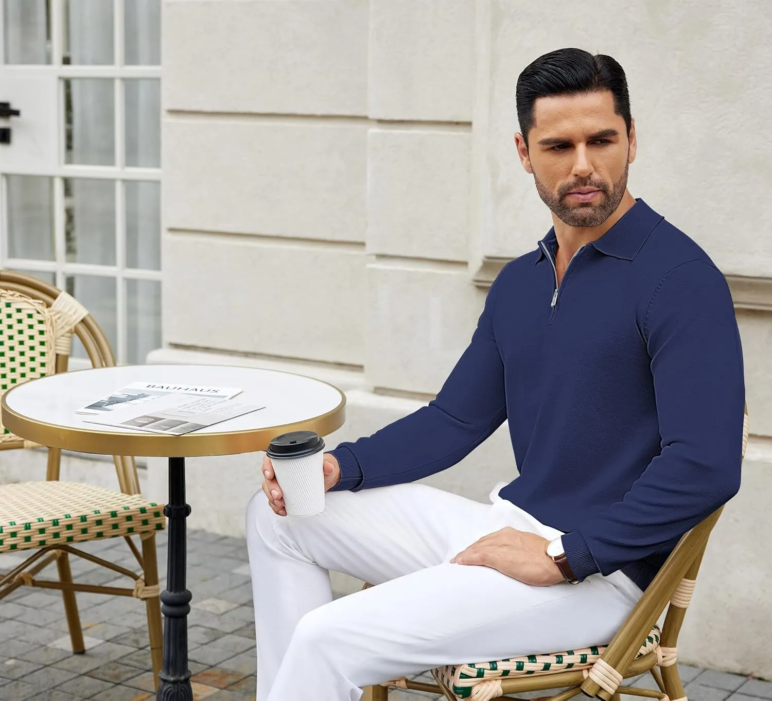 COOFANDY Mens Knit Polo Shirts Casual Long Sleeve Quarter Zip Polo Sweater Classic Golf Shirts