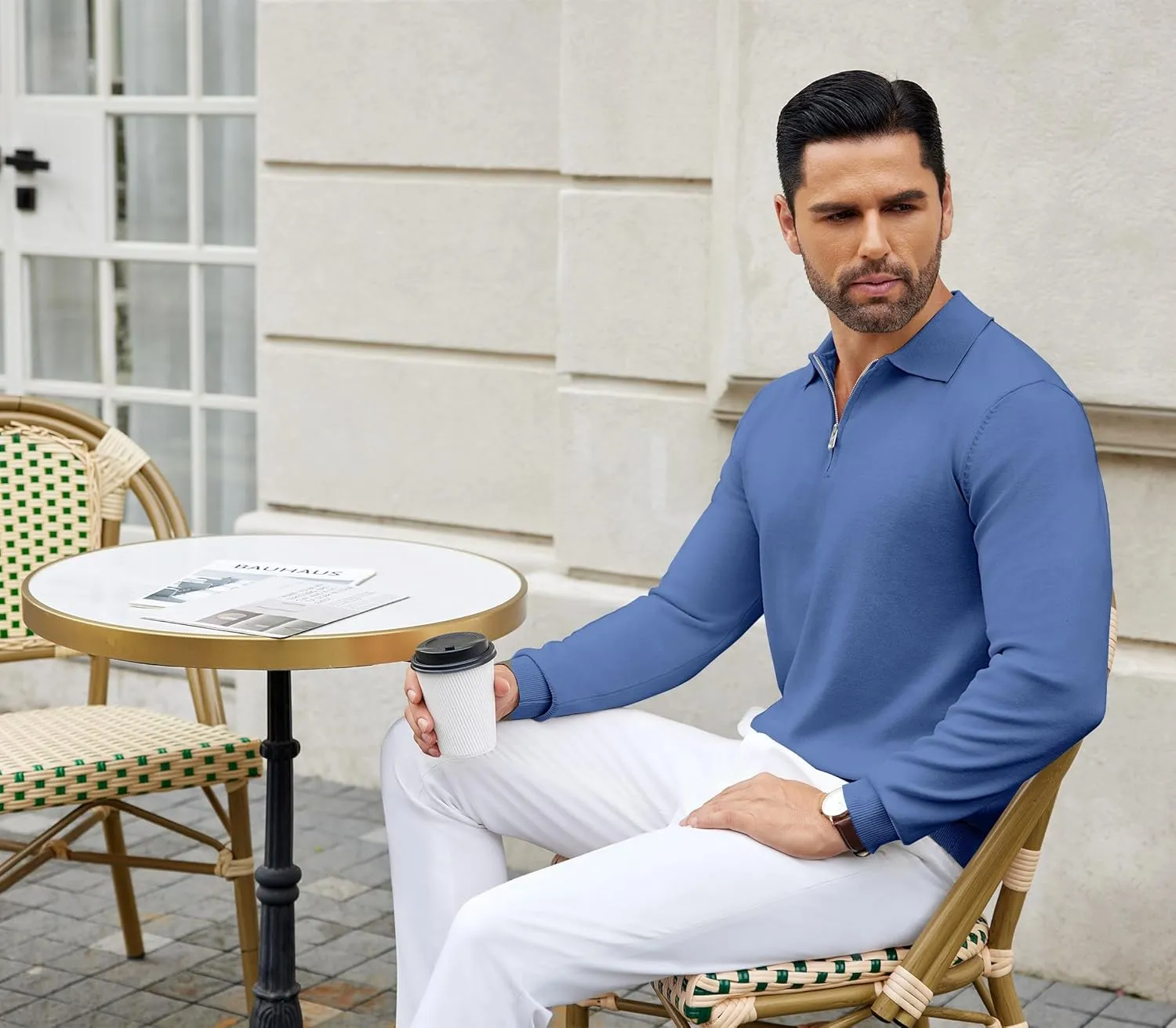 COOFANDY Mens Knit Polo Shirts Casual Long Sleeve Quarter Zip Polo Sweater Classic Golf Shirts