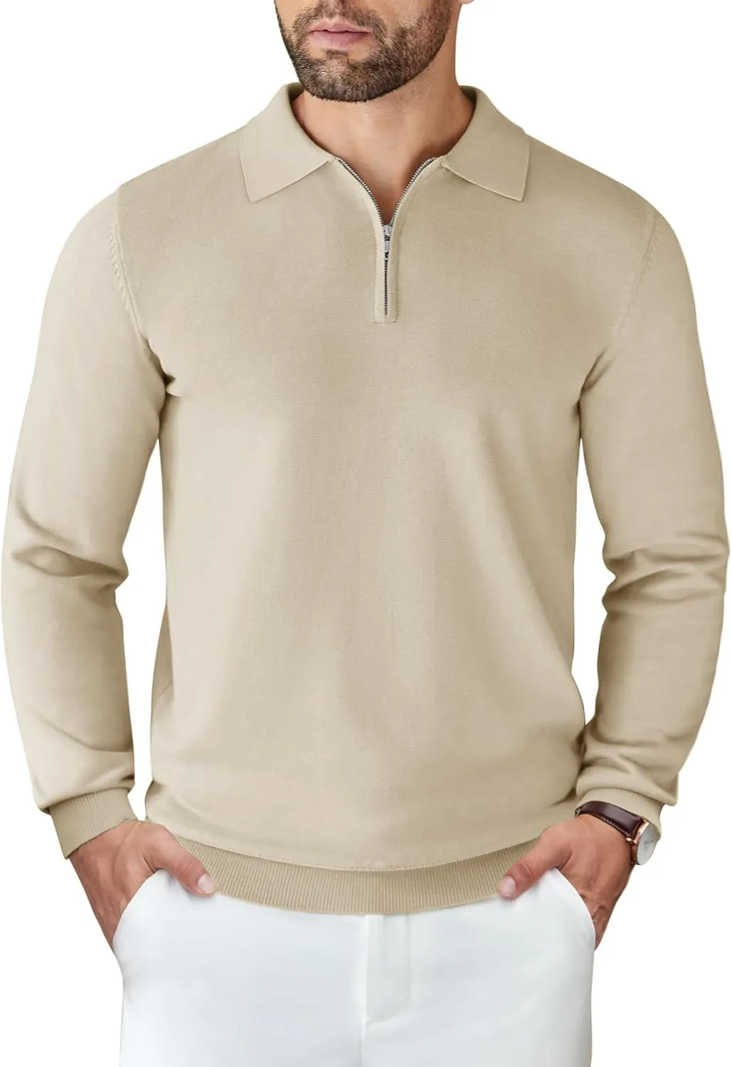COOFANDY Mens Knit Polo Shirts Casual Long Sleeve Quarter Zip Polo Sweater Classic Golf Shirts