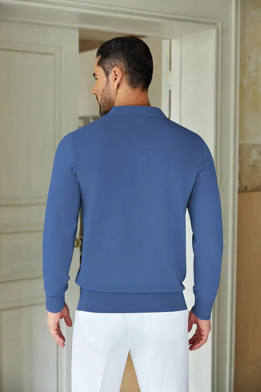 COOFANDY Mens Knit Polo Shirts Casual Long Sleeve Quarter Zip Polo Sweater Classic Golf Shirts