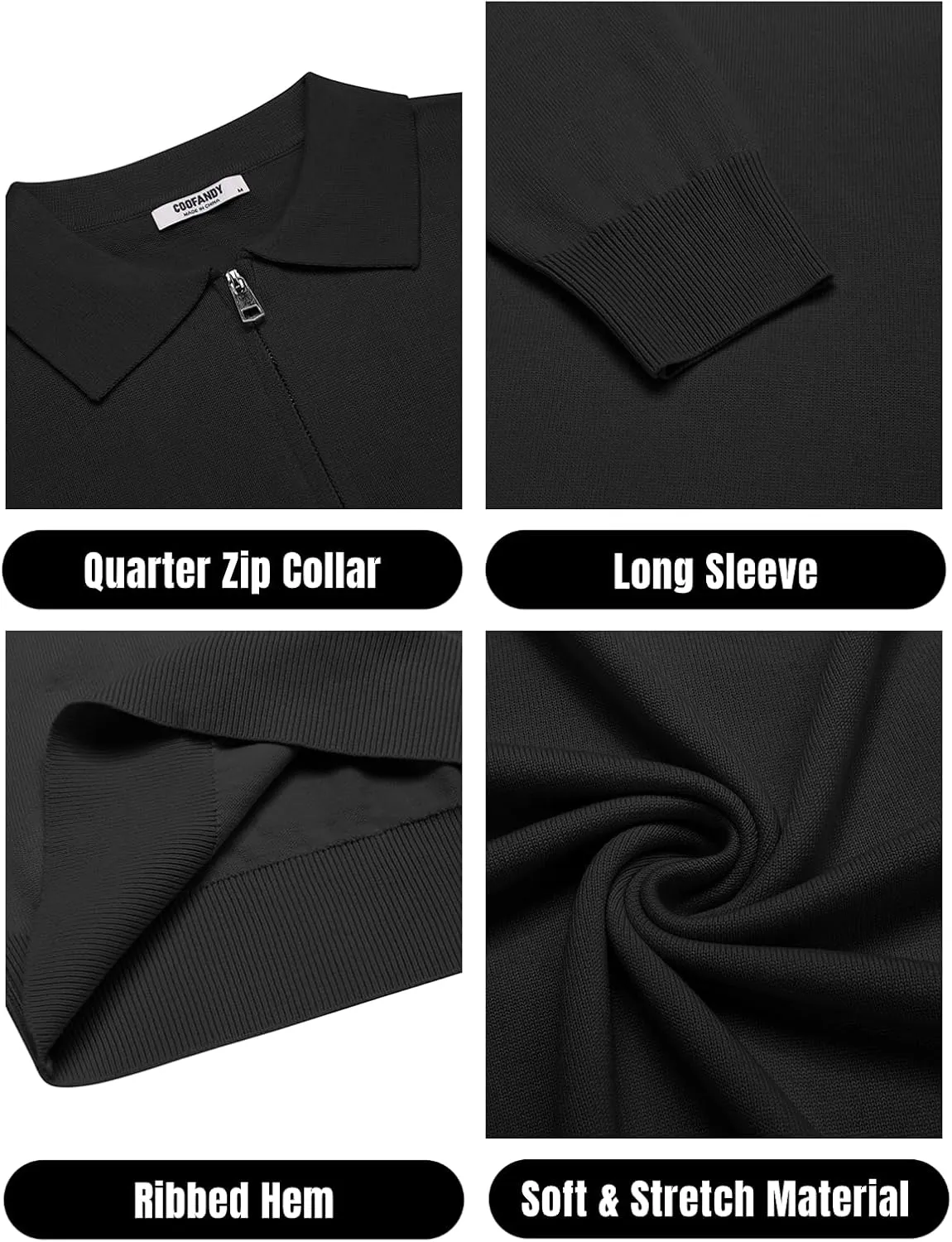 COOFANDY Mens Knit Polo Shirts Casual Long Sleeve Quarter Zip Polo Sweater Classic Golf Shirts