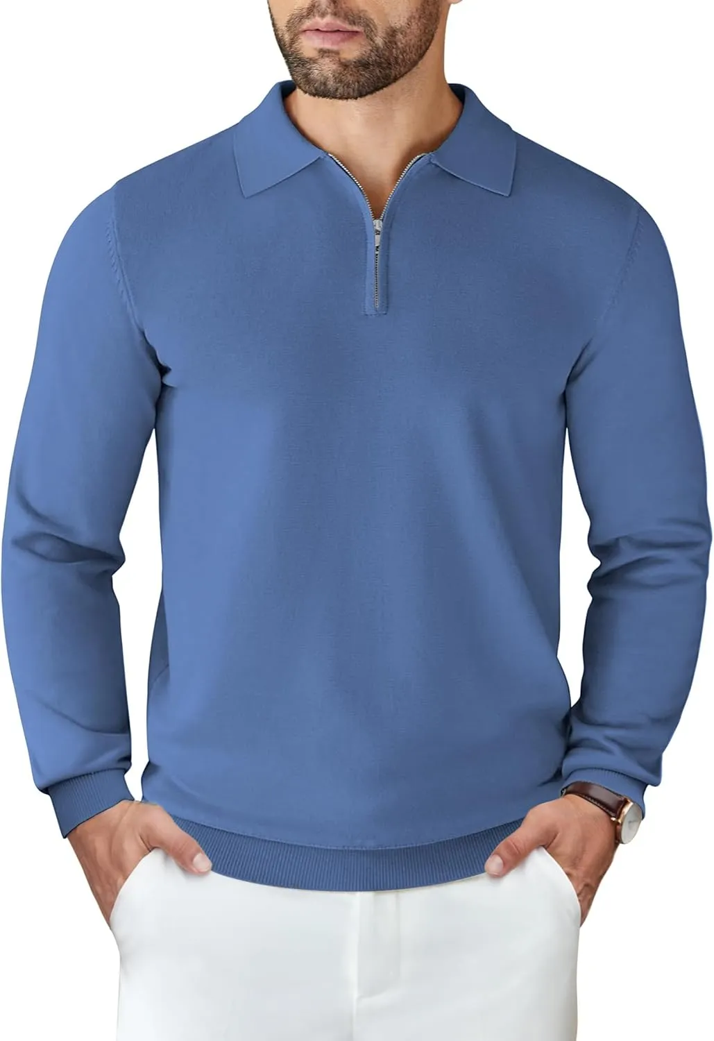 COOFANDY Mens Knit Polo Shirts Casual Long Sleeve Quarter Zip Polo Sweater Classic Golf Shirts