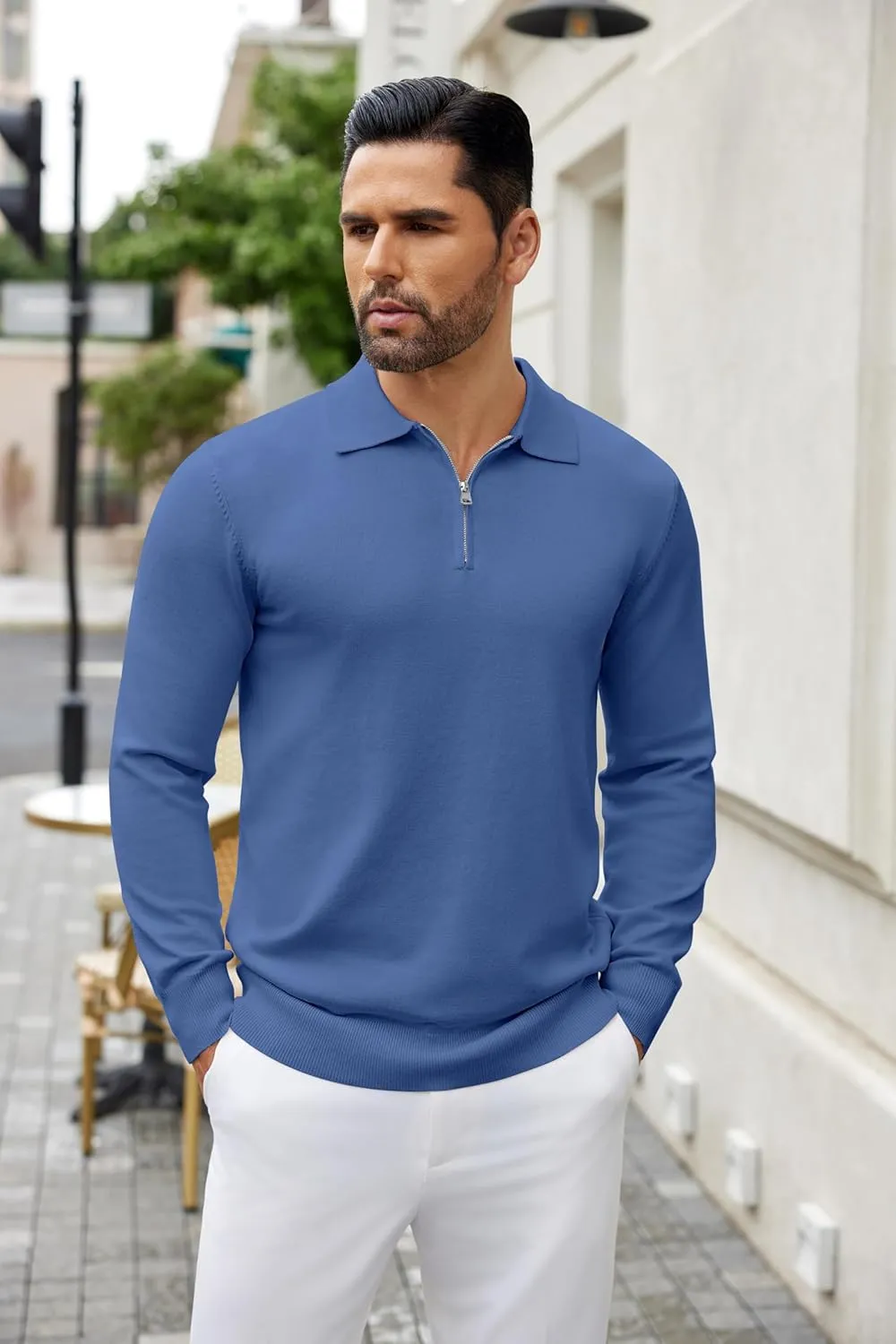 COOFANDY Mens Knit Polo Shirts Casual Long Sleeve Quarter Zip Polo Sweater Classic Golf Shirts