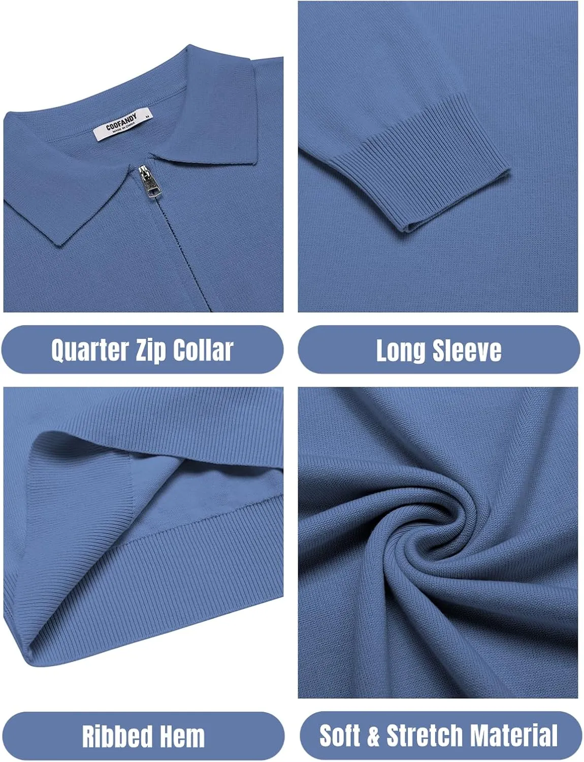 COOFANDY Mens Knit Polo Shirts Casual Long Sleeve Quarter Zip Polo Sweater Classic Golf Shirts