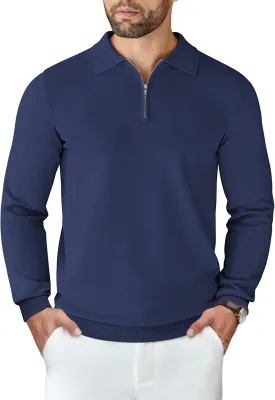 COOFANDY Mens Knit Polo Shirts Casual Long Sleeve Quarter Zip Polo Sweater Classic Golf Shirts