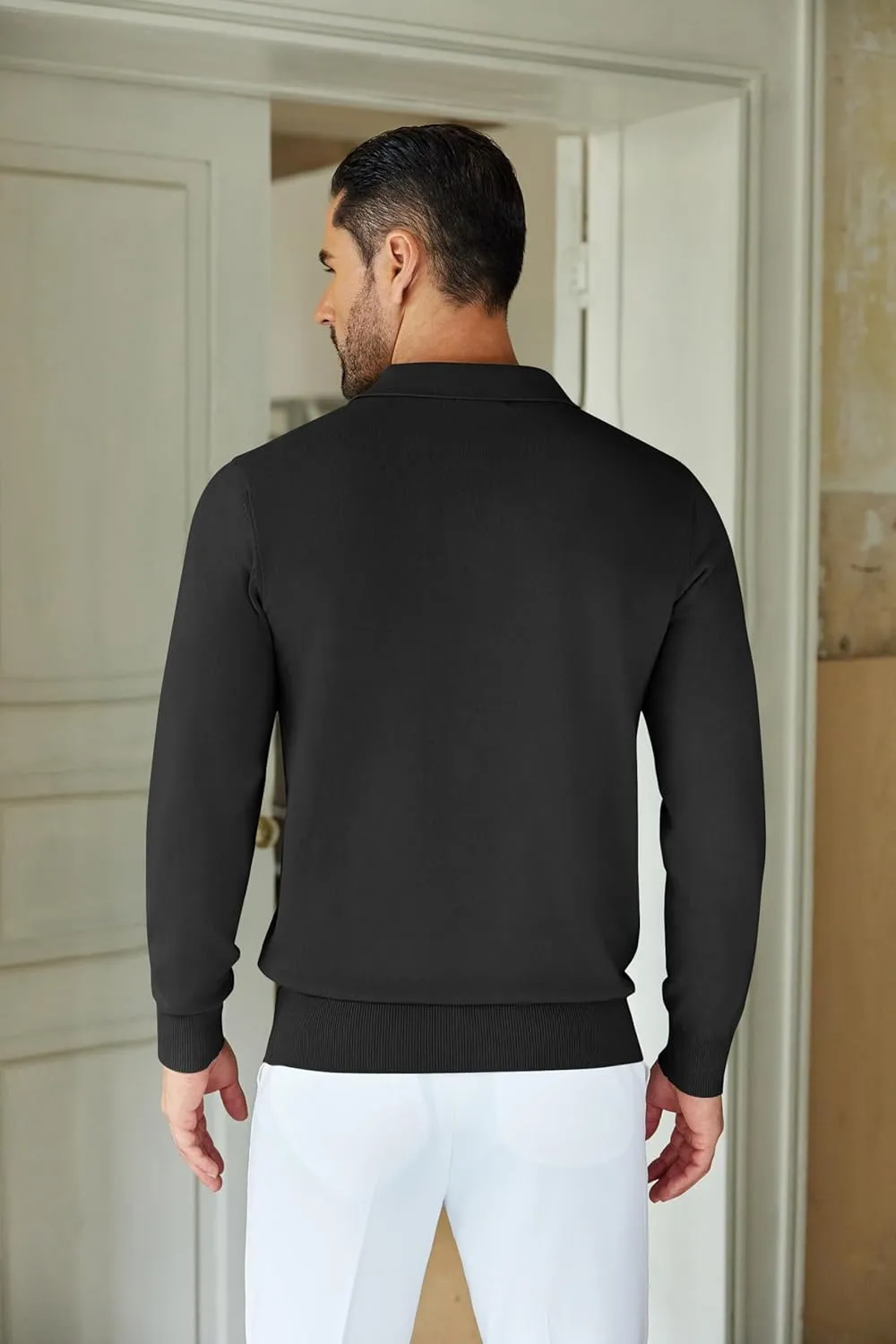COOFANDY Mens Knit Polo Shirts Casual Long Sleeve Quarter Zip Polo Sweater Classic Golf Shirts