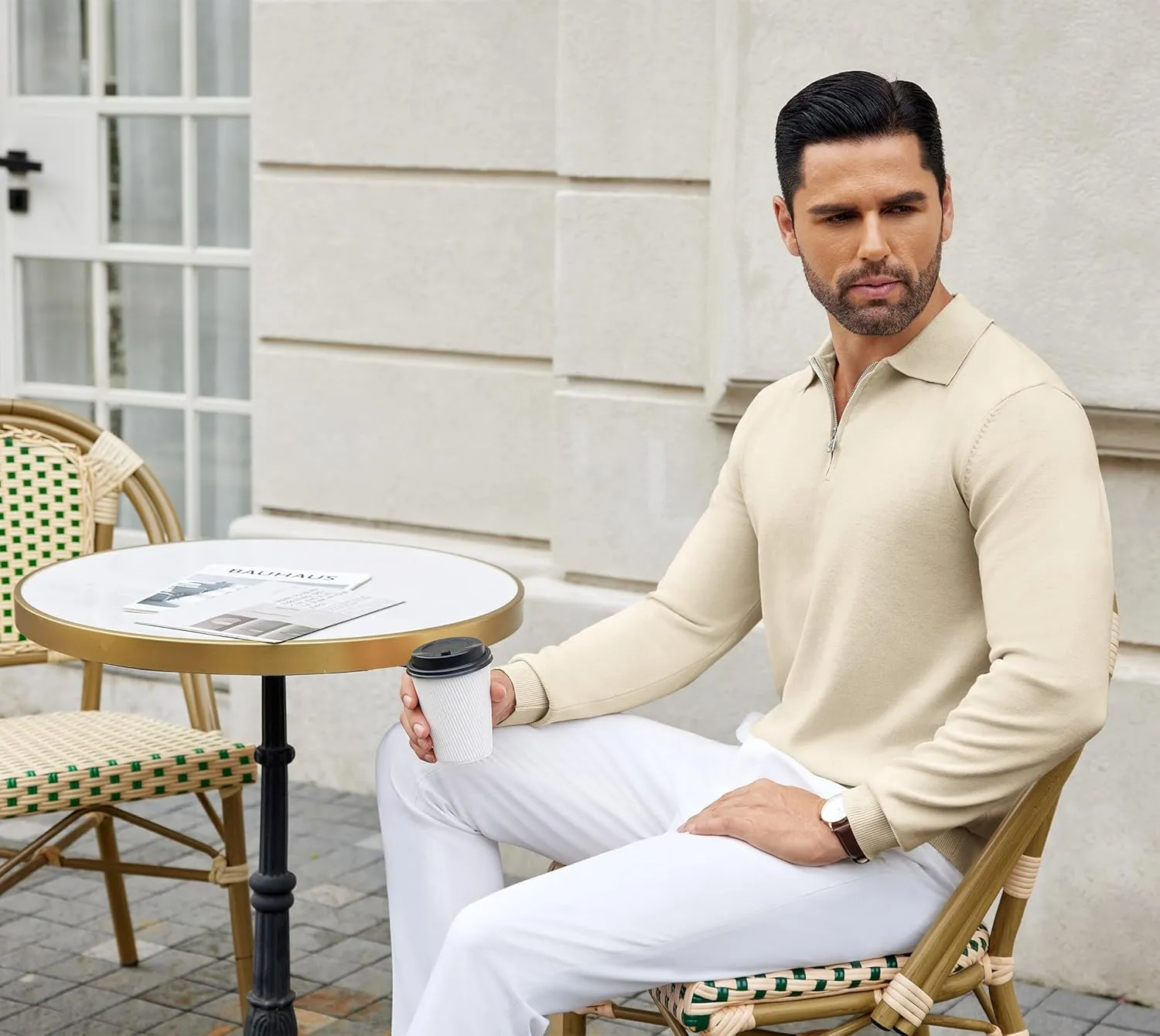 COOFANDY Mens Knit Polo Shirts Casual Long Sleeve Quarter Zip Polo Sweater Classic Golf Shirts