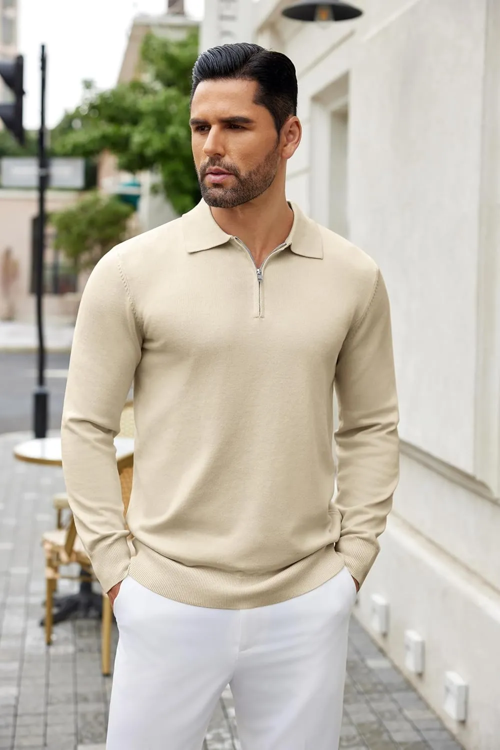 COOFANDY Mens Knit Polo Shirts Casual Long Sleeve Quarter Zip Polo Sweater Classic Golf Shirts