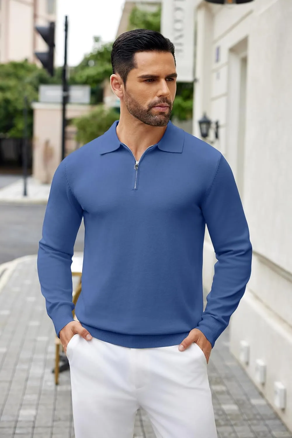 COOFANDY Mens Knit Polo Shirts Casual Long Sleeve Quarter Zip Polo Sweater Classic Golf Shirts