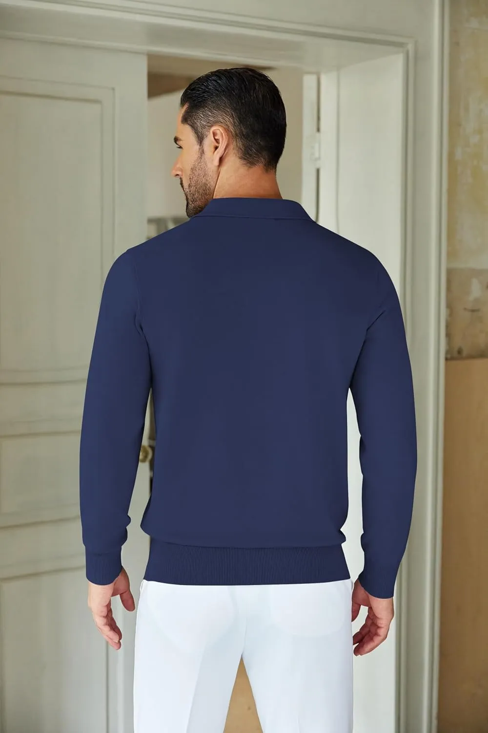 COOFANDY Mens Knit Polo Shirts Casual Long Sleeve Quarter Zip Polo Sweater Classic Golf Shirts