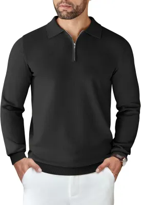 COOFANDY Mens Knit Polo Shirts Casual Long Sleeve Quarter Zip Polo Sweater Classic Golf Shirts