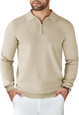 COOFANDY Mens Knit Polo Shirts Casual Long Sleeve Quarter Zip Polo Sweater Classic Golf Shirts