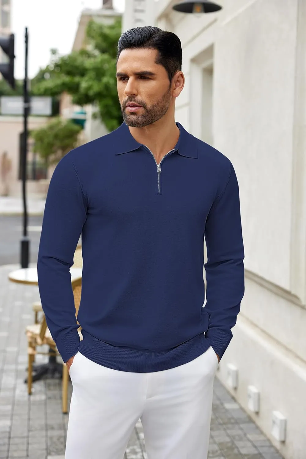 COOFANDY Mens Knit Polo Shirts Casual Long Sleeve Quarter Zip Polo Sweater Classic Golf Shirts