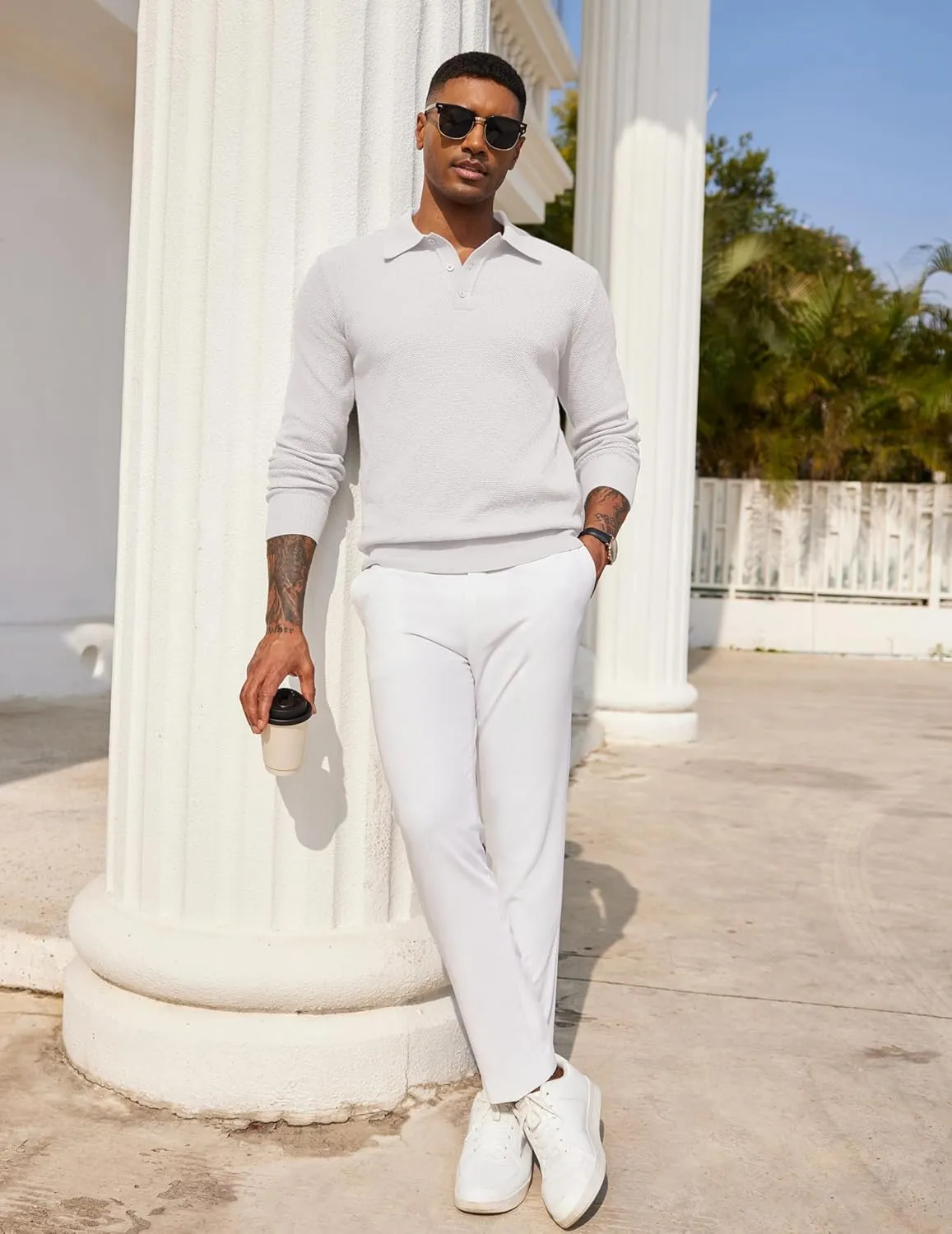 COOFANDY Mens Knit Polo Shirts Long Sleeve Casual Polo Sweaters Shirt Waffle Textured Collared Sweater