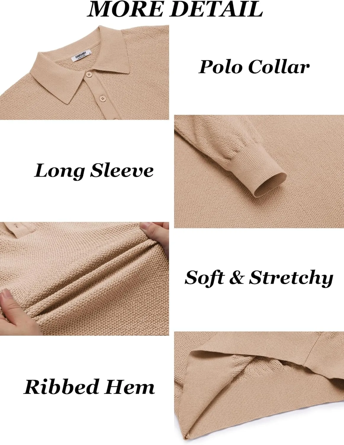 COOFANDY Mens Knit Polo Shirts Long Sleeve Casual Polo Sweaters Shirt Waffle Textured Collared Sweater