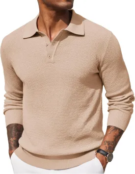 COOFANDY Mens Knit Polo Shirts Long Sleeve Casual Polo Sweaters Shirt Waffle Textured Collared Sweater