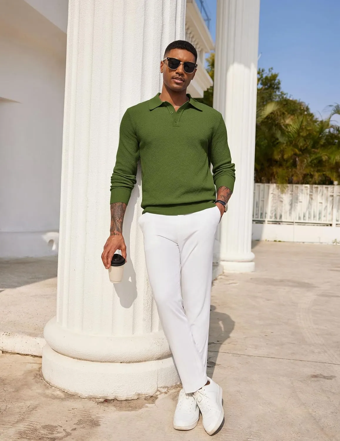 COOFANDY Mens Knit Polo Shirts Long Sleeve Casual Polo Sweaters Shirt Waffle Textured Collared Sweater