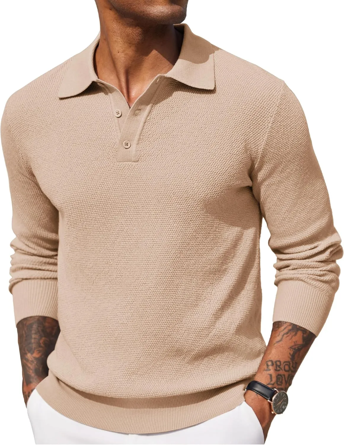 COOFANDY Mens Knit Polo Shirts Long Sleeve Casual Polo Sweaters Shirt Waffle Textured Collared Sweater