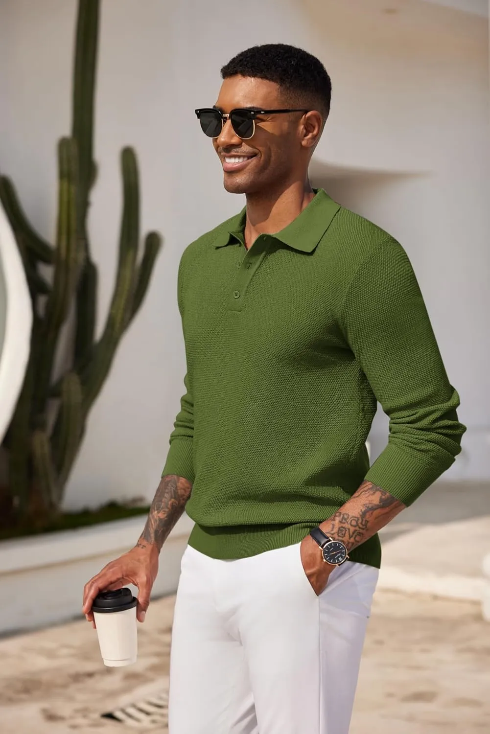 COOFANDY Mens Knit Polo Shirts Long Sleeve Casual Polo Sweaters Shirt Waffle Textured Collared Sweater