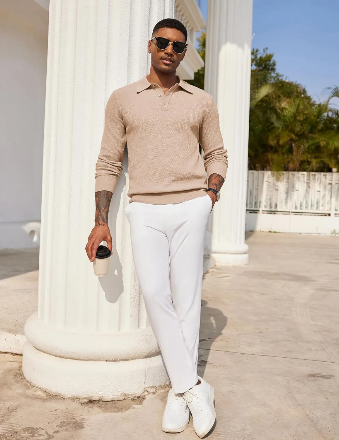 COOFANDY Mens Knit Polo Shirts Long Sleeve Casual Polo Sweaters Shirt Waffle Textured Collared Sweater