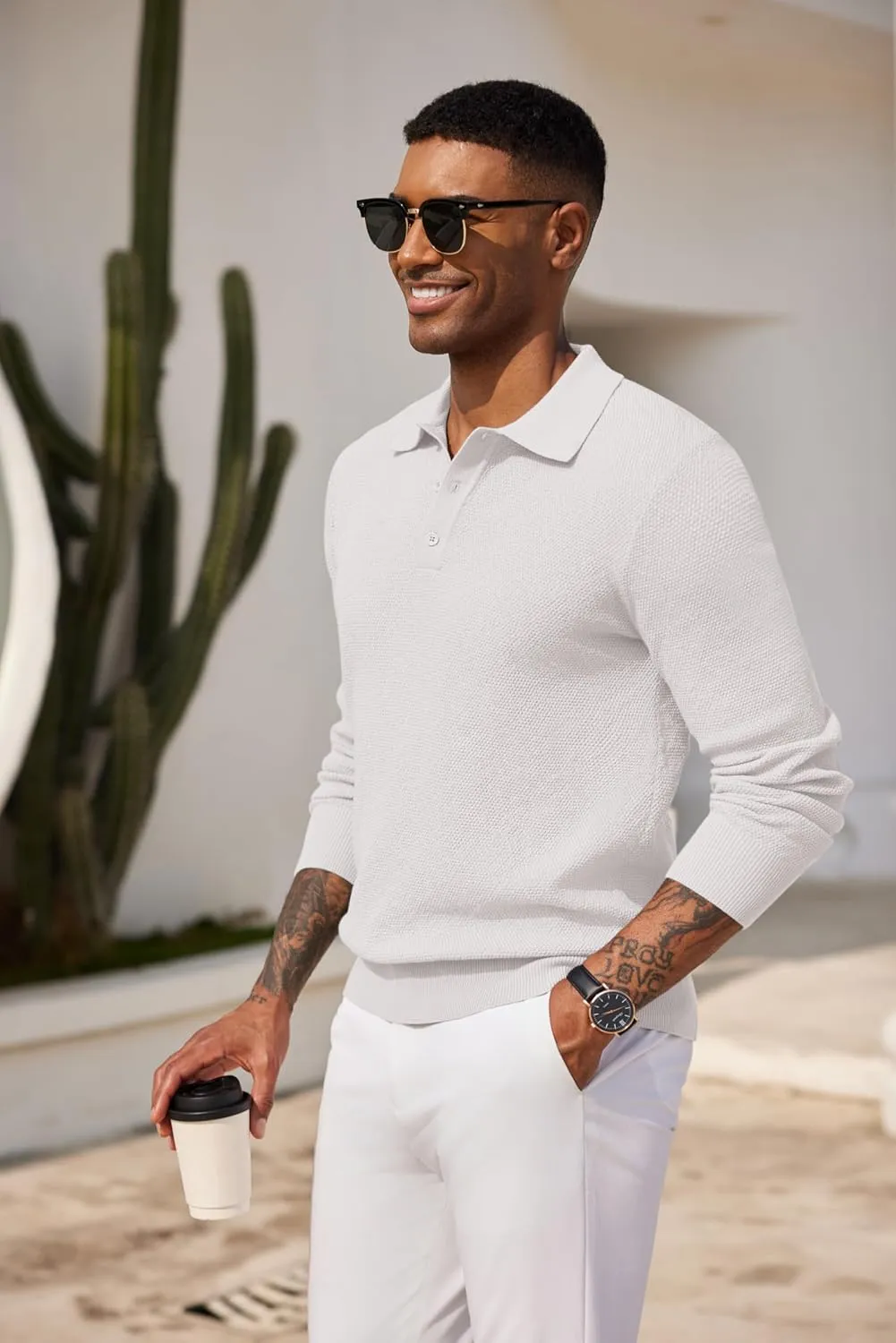 COOFANDY Mens Knit Polo Shirts Long Sleeve Casual Polo Sweaters Shirt Waffle Textured Collared Sweater