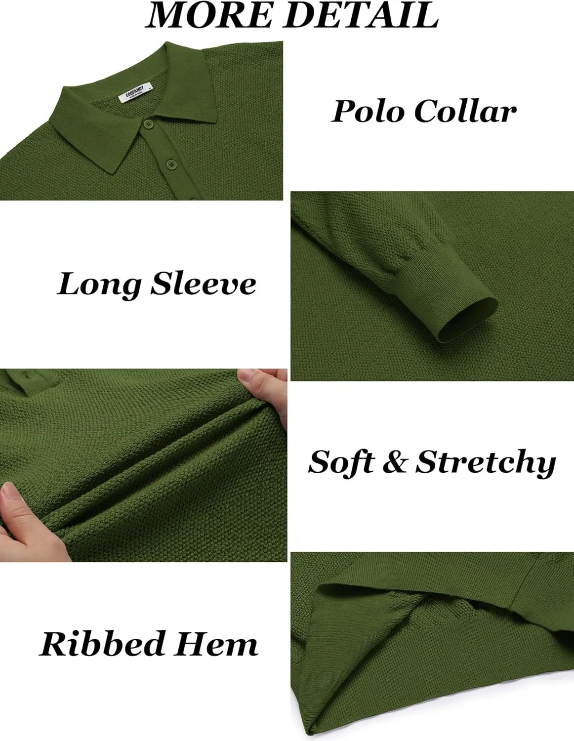 COOFANDY Mens Knit Polo Shirts Long Sleeve Casual Polo Sweaters Shirt Waffle Textured Collared Sweater
