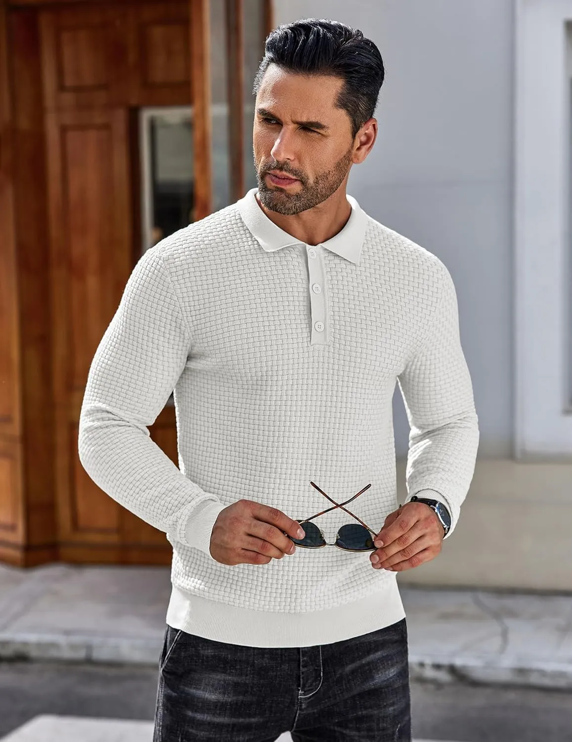 COOFANDY Men's Knit Polo Shirts Long Sleeve Sweater Polo Lightweight Fashion Casual Collared T Shirts
