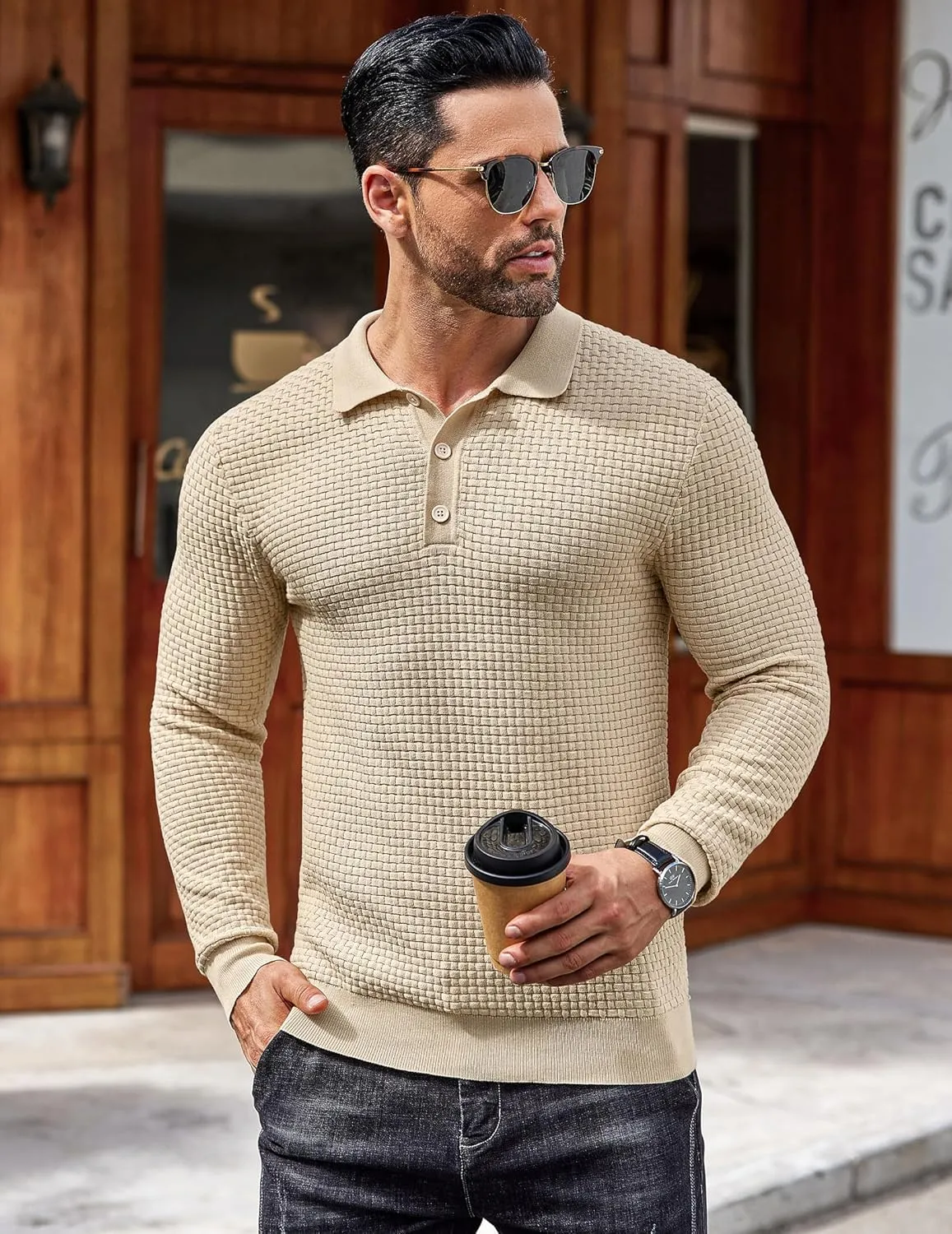 COOFANDY Men's Knit Polo Shirts Long Sleeve Sweater Polo Lightweight Fashion Casual Collared T Shirts