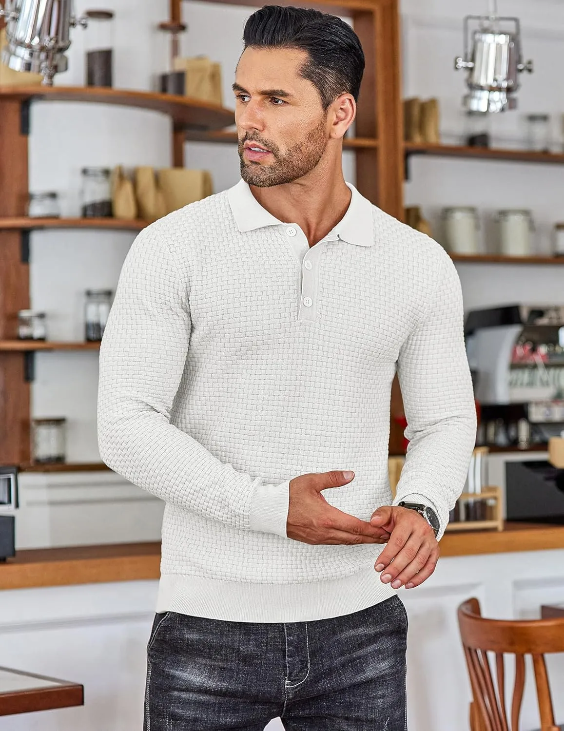 COOFANDY Men's Knit Polo Shirts Long Sleeve Sweater Polo Lightweight Fashion Casual Collared T Shirts