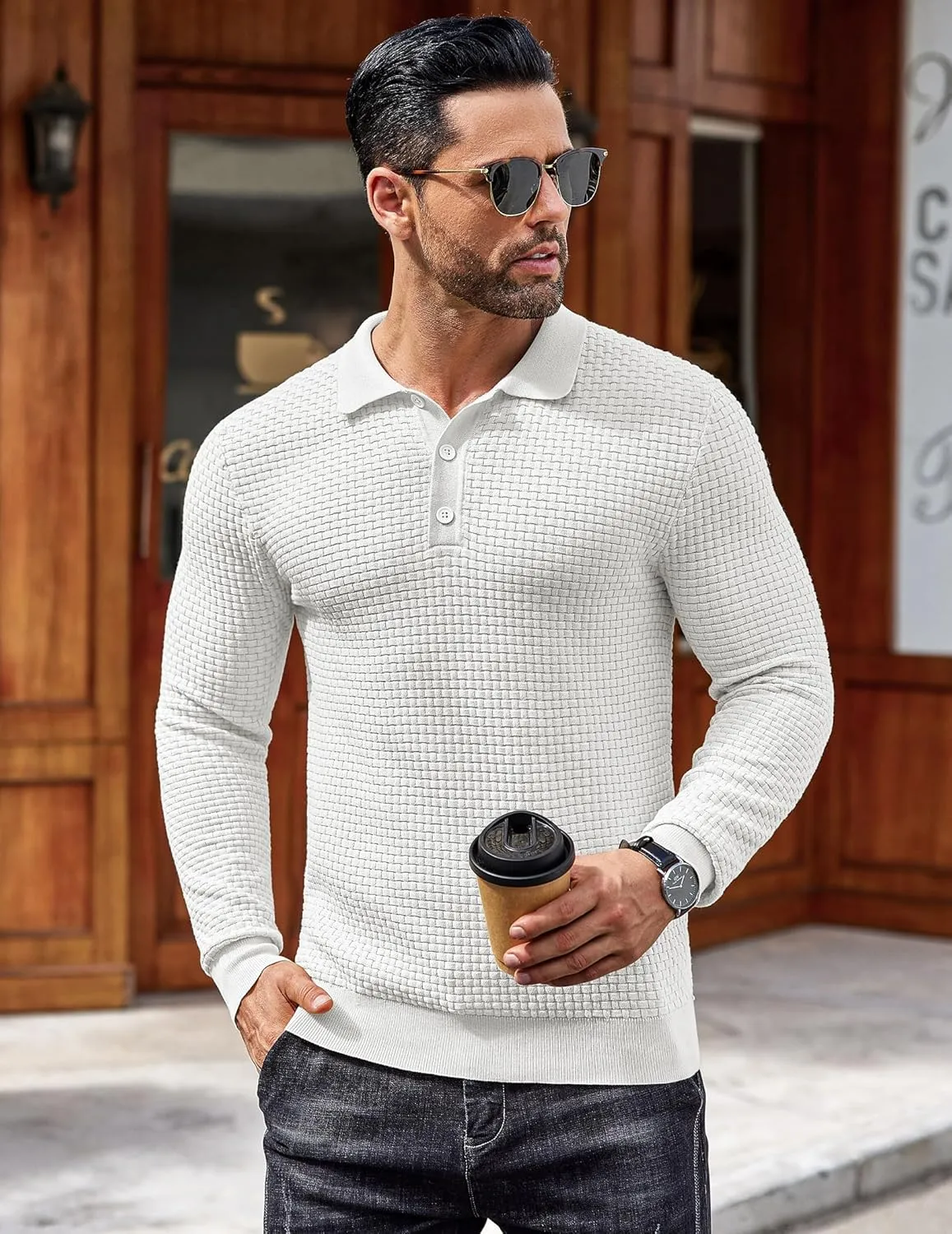 COOFANDY Men's Knit Polo Shirts Long Sleeve Sweater Polo Lightweight Fashion Casual Collared T Shirts
